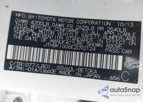 2014 Lexus Es 350 from USA, damaged, VIN JTHBK1GG6E2092124